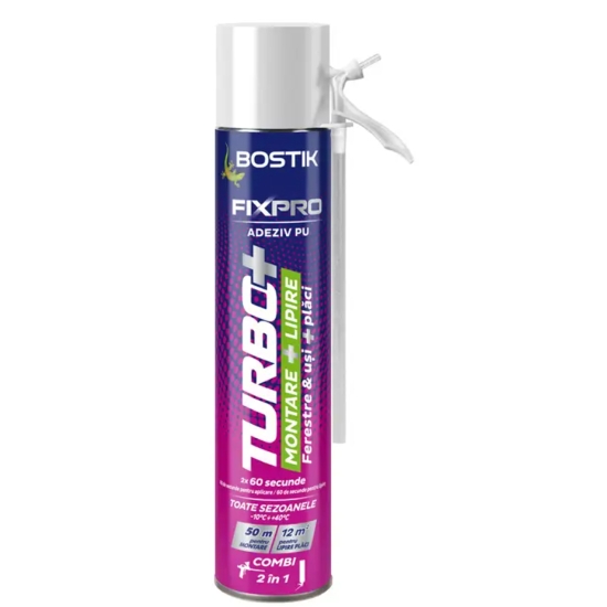 Adeziv poliuretanic pentru ferestre si usi, Bostik Fixpro Turbo+, cu aplicare manuala / pistol, 750 ml